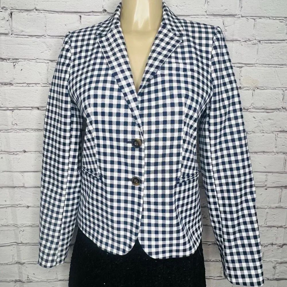 J. Crew Womens Blue White Gingham Checked Lined Double Button Blazer Size Medium